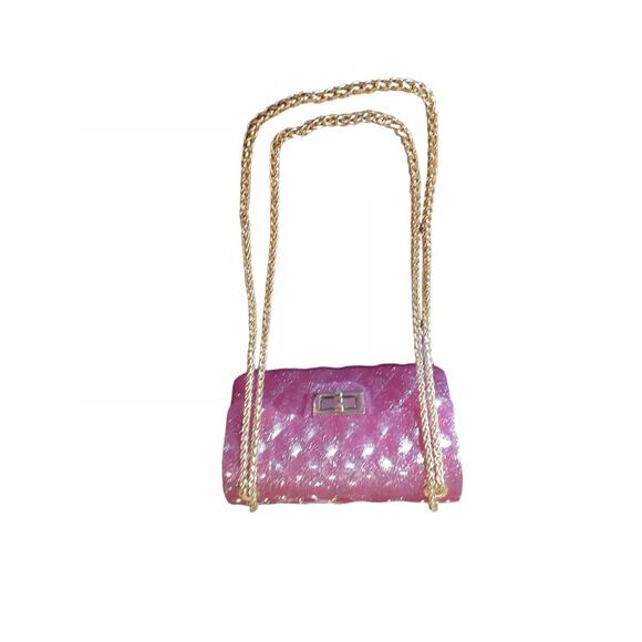 Tiny Treats Glitter Wave Cross Body Purse Handbag Pink Gold Chain Jelly Style - Picture 1 of 12